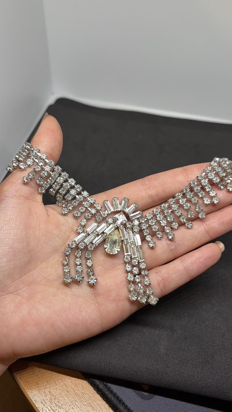 Vintage 1950's Joseph Warner Princess Rhodium Plated Clear Rhinestone Necklace